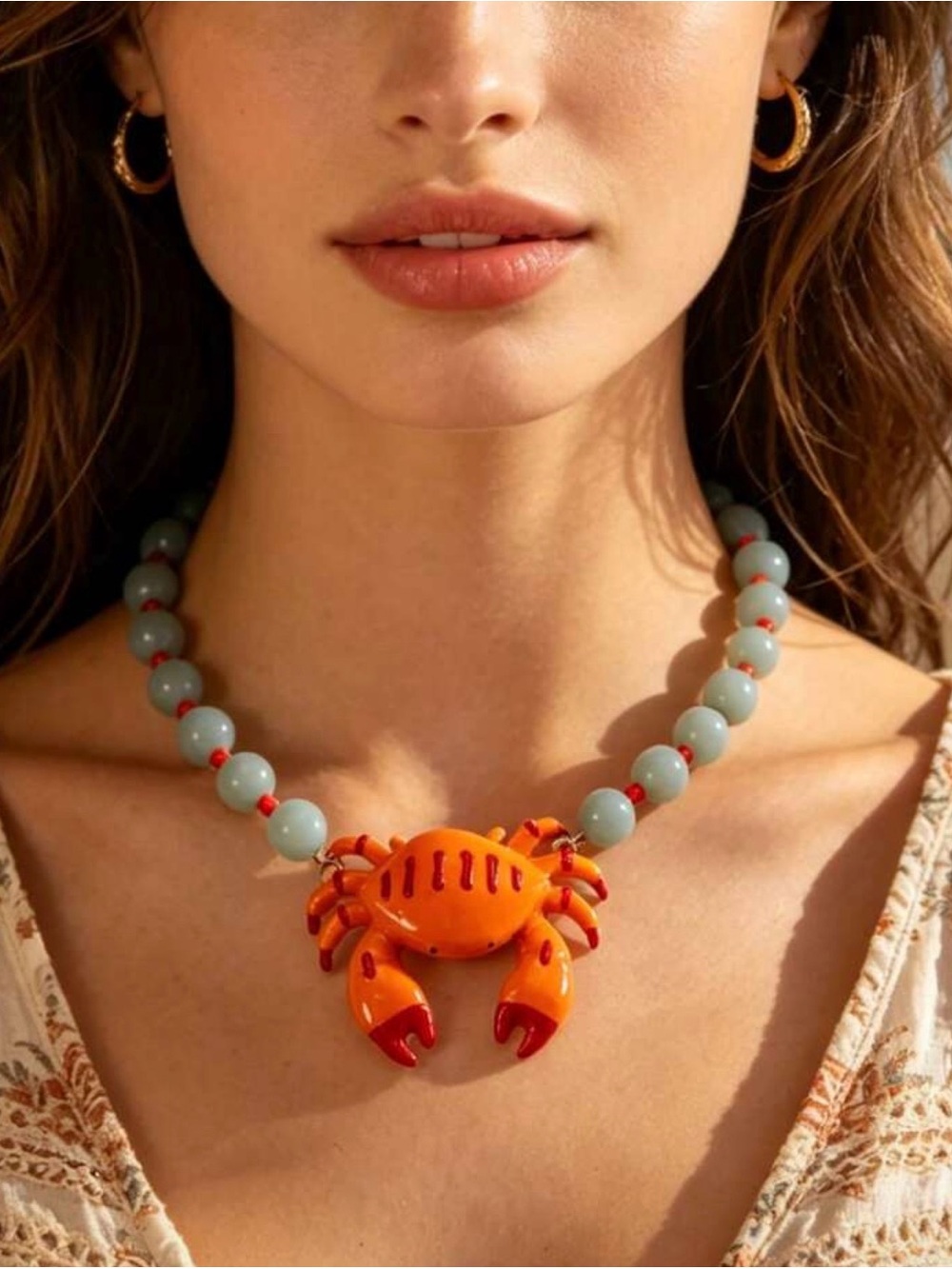 NWT Orange Crab Pendant with Pale Beads - Women Jewelry, Summer Statement, O/S